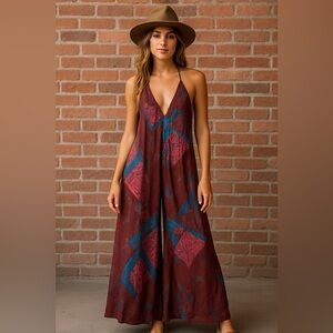 Urban Outfitters Boho Patchwork Halter V-Neck Wide Leg Jumpsuit – Size M NWT